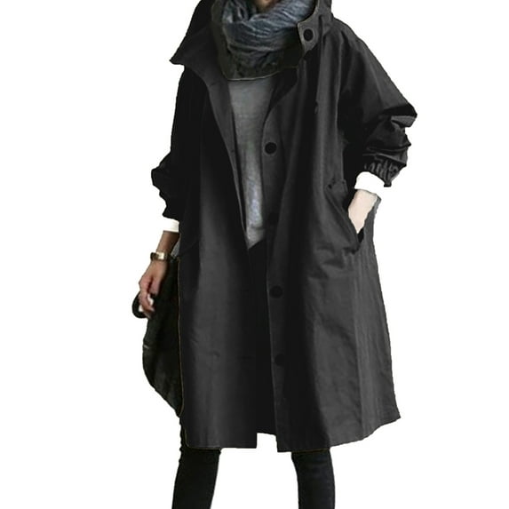 Gvmfive Women Windbreaker Jacket Buttons Hooded Outdoor Outwear Coat