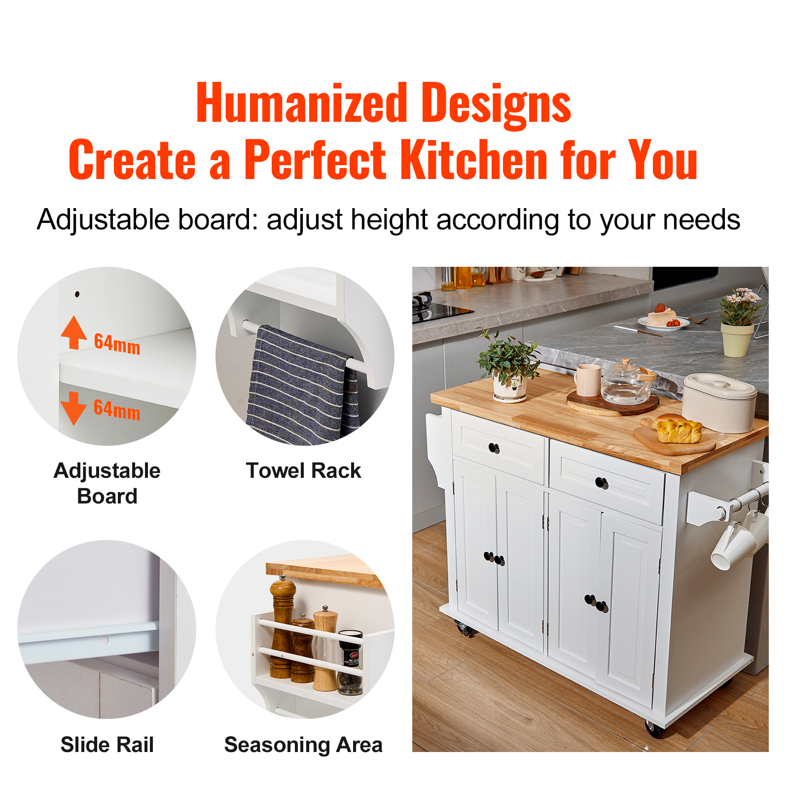 KFFKFF Mobile Kitchen Island Cart with Wooden Top, 35.4" Wide Rolling Cart Featuring Storage Cabinet, Spice Rack, Towel Holder, and Drawer, Versatile Kitchen Table on Wheels, White