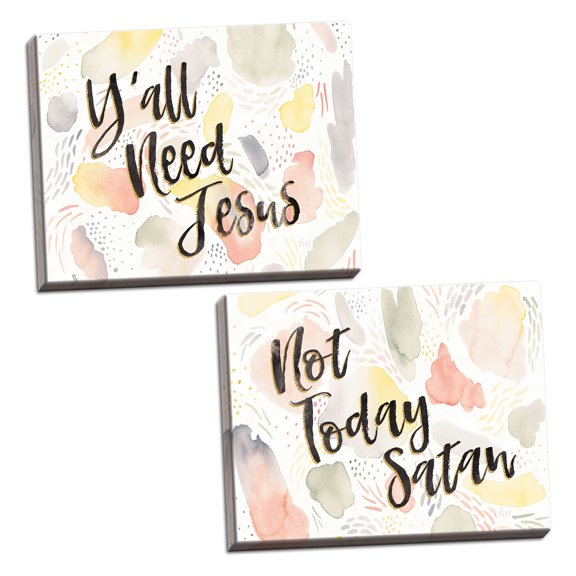 Gango Home Decor Contemporary Meadow Breeze VI Not Today Satan & VII Yall Need Jesus by Laura Marshall (Ready to Hang); Two 20x16in Hand-Stretched Canvases