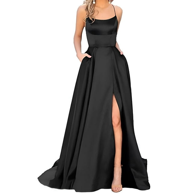 Vestidos de fiesta largos elegantes para mujer, vestidos de noche de satén con corte en A y espalda descubierta