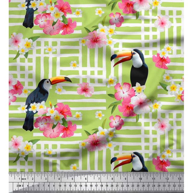 Soimoi Green Modal Satin Fabric Floral & Toucan Bird Print Fabric by The Yard 42 Inch Wide