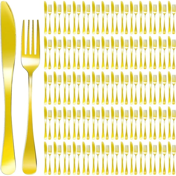 100 Pcs Stainless Steel Gold Silverware Set Bulk Flatware Set Service for 50, 50 Pcs Dinner Forks and 50 Pcs Dinner Knives Tableware Cutlery Set for Butter Kitchen Restaurant, Dishwasher Safe