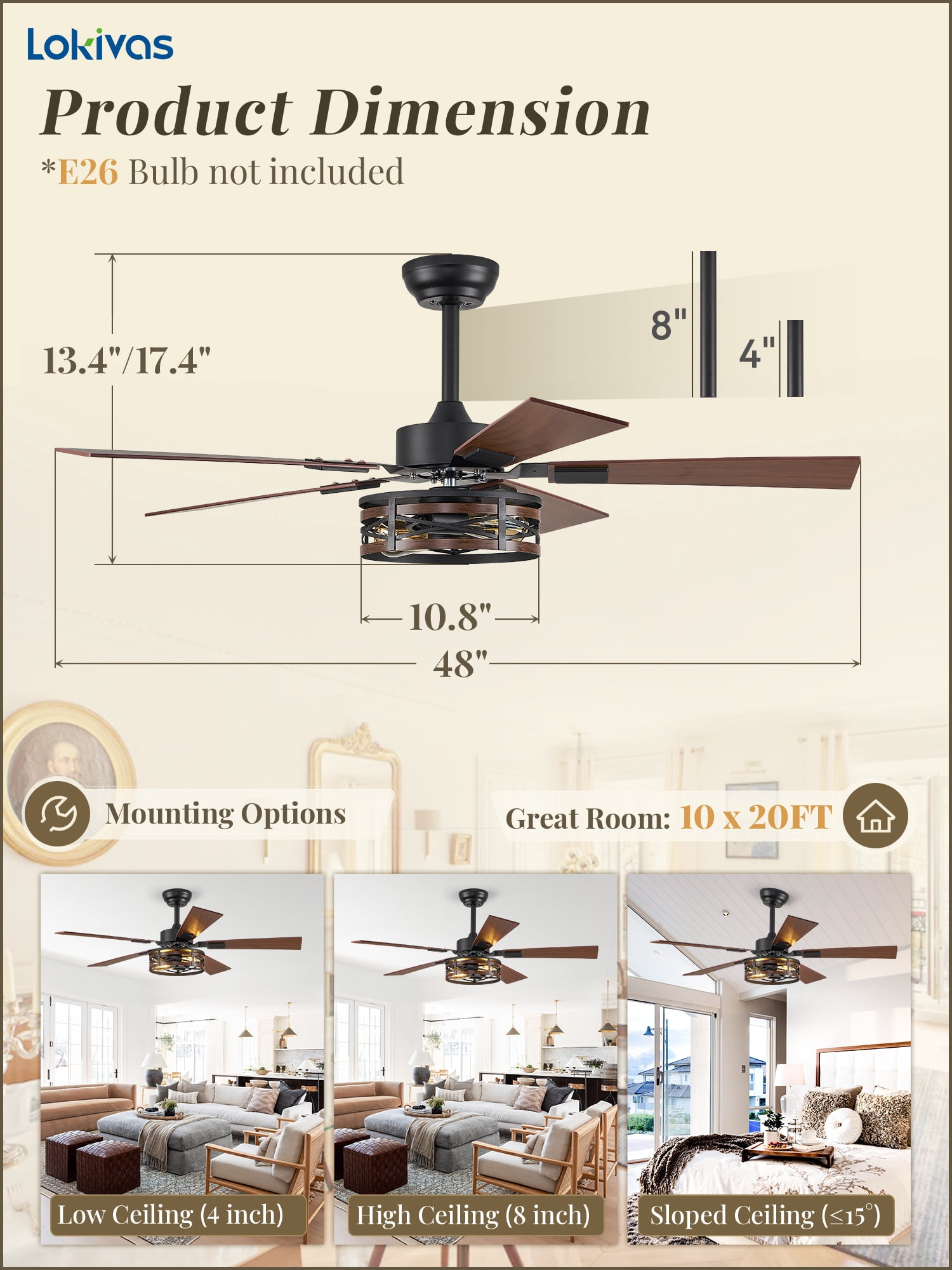 Lokivas 48in Farmhouse Ceiling Fan with Lights, 6-Speed, Remote Control, Quiet DC Motor