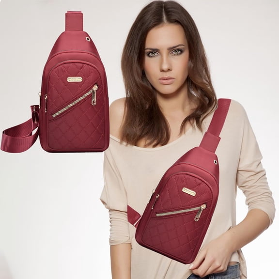 Sling Bag for Men Women Embroidery Diamond Quilted Nylon Crossbody Shoulder Backpack with Earphone Hole for Hiking Travel Camping Outdoor Sports