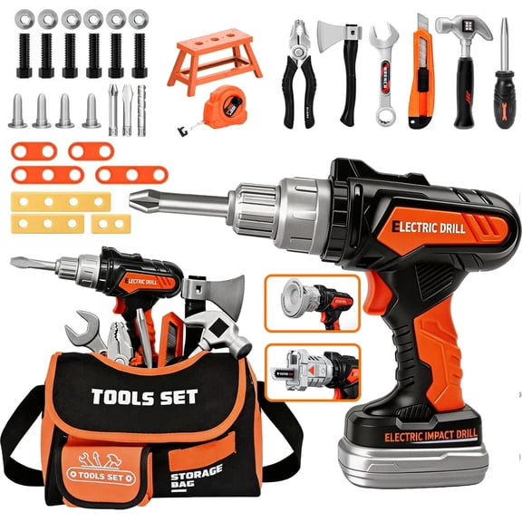 Aijohnny Kids Tool Set, Pretend Play Toddler Tool Toy with Construction Portable Bag & Electronic Toy Drill, Birthday Gifts for Kids 1-3 3-5 5-8 Year Old