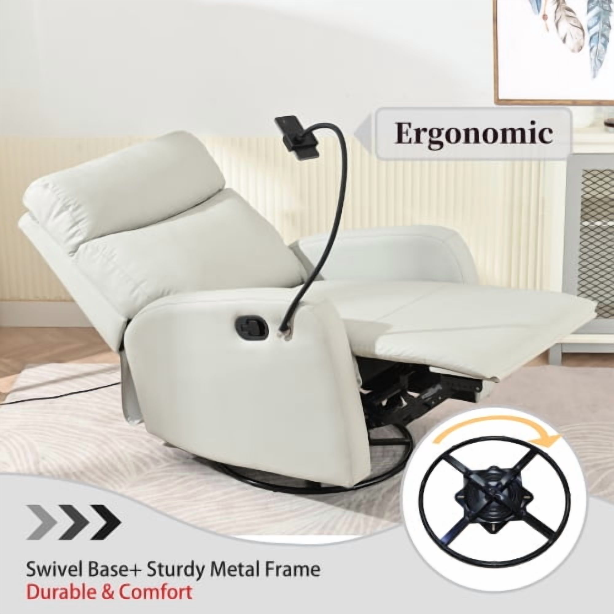 MOONMISS Swivel Rocker Recliner Chair,360 Degree Nursery Rocking Chairfor Bedroom,Living Room Chair Home Theater Seat,Phone Holder(Light Gray)