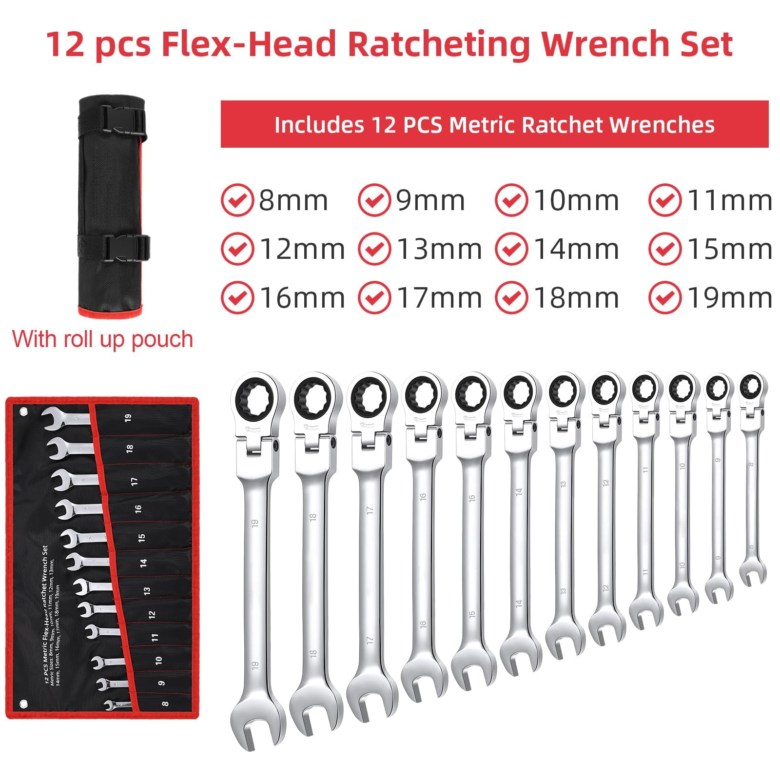 12-Piece Flex-Head Wrench Set, Ratcheting Combination Set, Metric 9-18mm, 72-Teeth,Cr-V Steel Ratchet Wrenches Set with Storage Bag for truck/garage