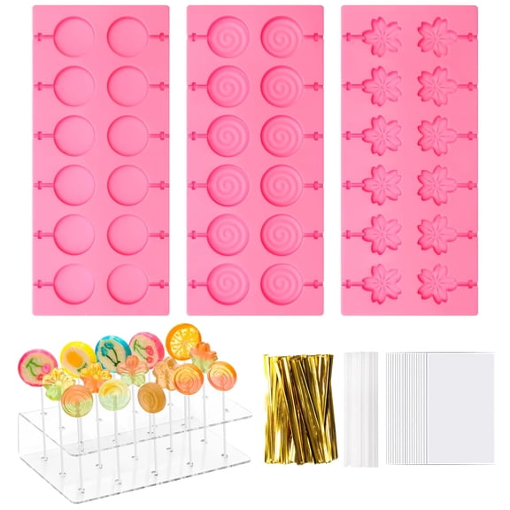 304 Pieces Diy Silicone Lollipop Molds Kit Includes 3 Mold 1 Acrylic Cake Stand 100 Lollipop Sticks 100 Candy Treat Bags 100 Ties Candy Sucker Mold