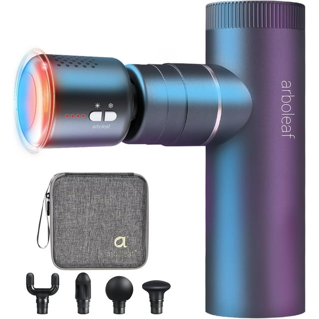 Arboleaf Portable Handheld Mini Muscle Relaxing Device with Case, designed with a gradient metallic finish and ergonomic grip. Features heat and cold therapy for deep tissue relief and muscle recovery, adjustable speed settings, and four interchangeable massage heads for targeted pain relief. Includes a grey carrying case for storage and travel.