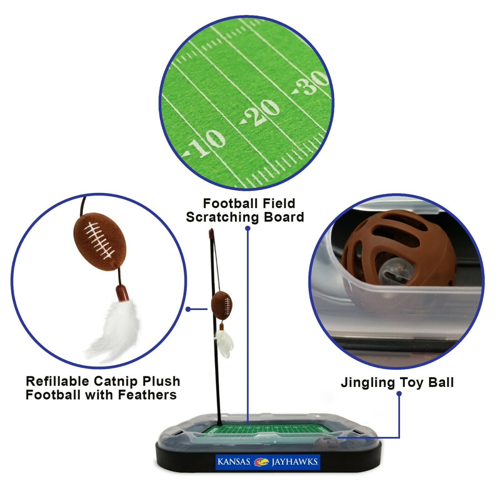 NCAA Kansas Jayhawks CAT Scratcher Toy with Catnip Plush & Feather Cat Toy 5-in-1 Kitty Toy