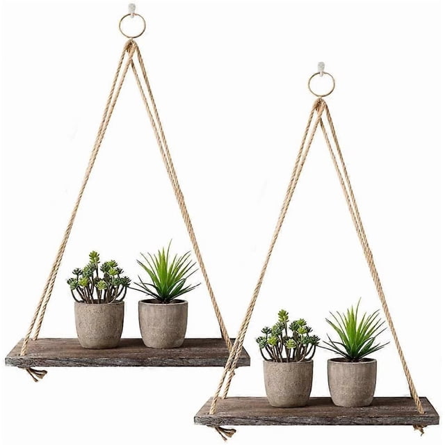 Rustic Shelf 2 Pcs Wooden Floating Shelves with String Rope Hanging Floating Shelves Rustic Distressed Wood Hanging Shelves Wood Wall Decor Swing Rope
