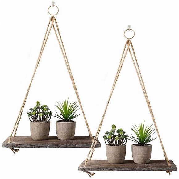 Rustic Shelf 2 Pcs Wooden Floating Shelves with String Rope Hanging Floating Shelves Rustic Distressed Wood Hanging Shelves Wood Wall Decor Swing Rope
