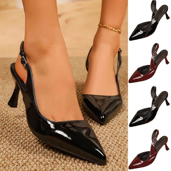 Women's Patent Leather Slingback Heels, Trendy Pointed Toe Stiletto Pumps, Comfortable Solid Color Dress Shoes, Plus Size Available for Wide Feet, Fashionable Casual Outdoor Heels