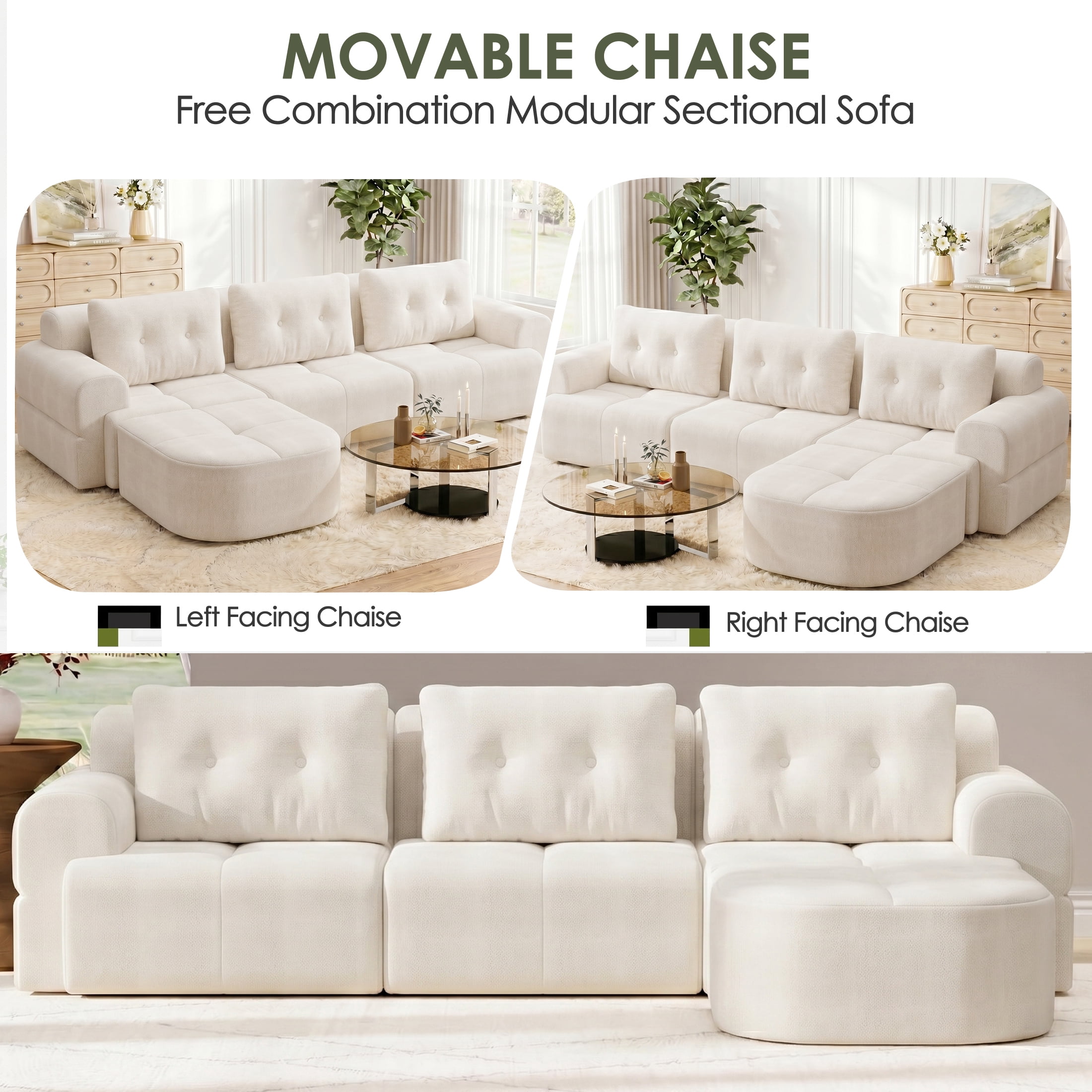 AISWORD 112" Modern L Shaped Modular Sectional Sofa, Cloud Sectional Deep Seat Couch, 4 Seater High-Density Memory Foam Couch Chenille Sofa, Boneless Couches for Living Room, No Assembly, White