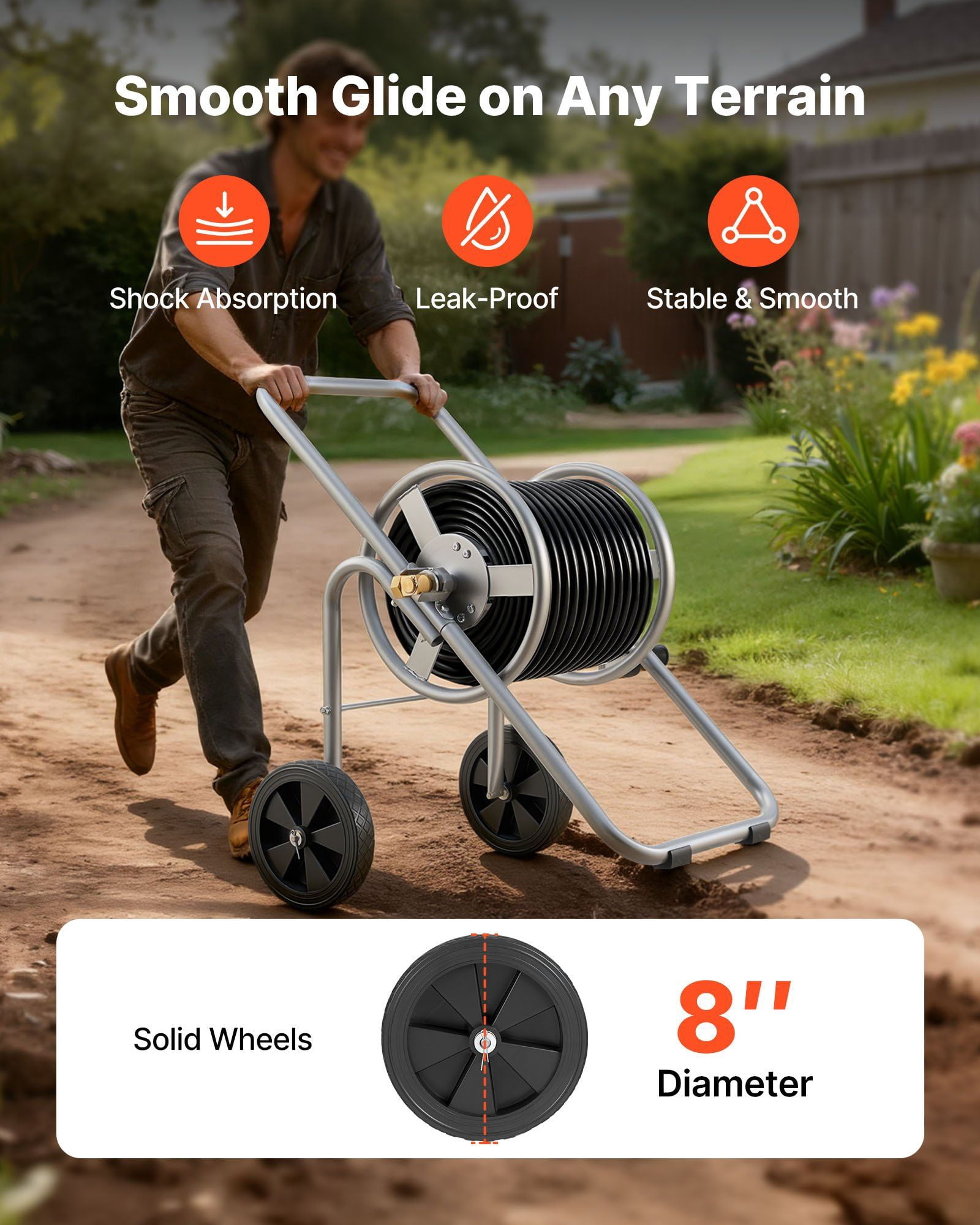Heavy Duty Powder Coated Steel Hose Reel Cart with Wheels Holds 175 ft of 5/8 Inch Garden Hose Mobile Outdoor Yard Lawn Planting Tool