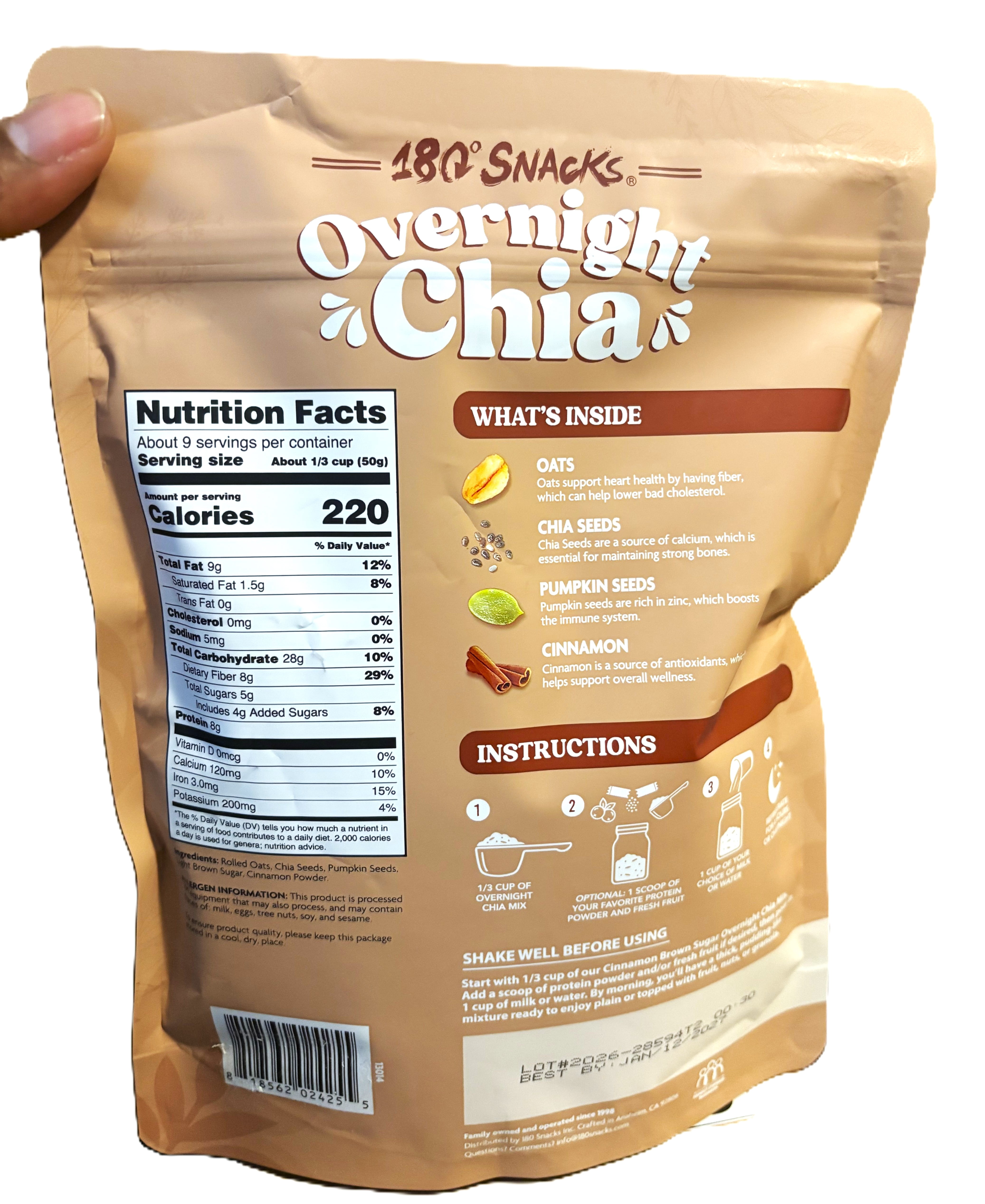 180 Snacks Overnight Chia Oats, Cinnamon Brown Sugar w/ Oats & Pumpkin Seeds, 16 oz, 9 Servings, High Fiber Breakfast Mix