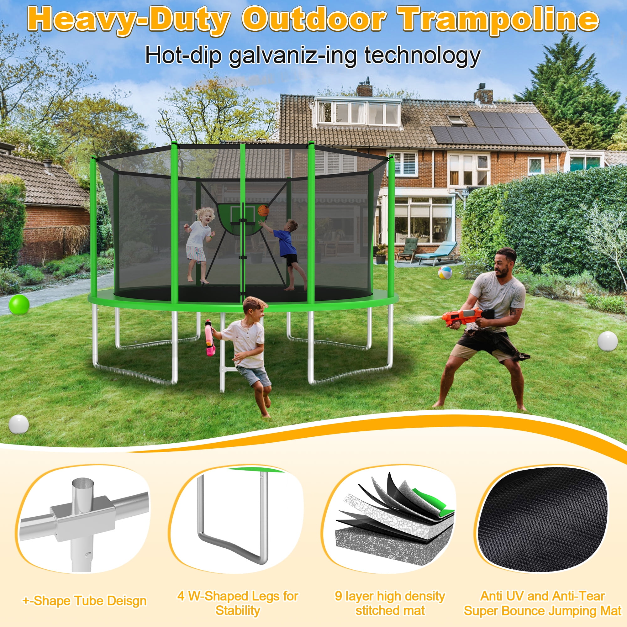 XMIKA Trampoline, 1200LBS 12FT Trampolines for Kids Adults, Trampoline with Safety Enclosure Net, Outdoor Backyard Trampolines with Basketball Hoop, LED Light, Sprinkler and Ladder, Heavy Duty