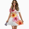 thumbnail image 2 of Beautiful Hibiscus Flower Cascade Women Dress V-Neck Short Sleeve Flowy Swing Party Midi Dress, 2 of 4