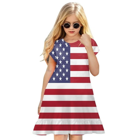 

CLZOUD Dresses Girls Red Polyester Spandex Kids Toddler Baby Girls Spring Summer Print Ruffle Short Sleeve Active Fashion Daily Indoor Outdoor American Independence Day 120