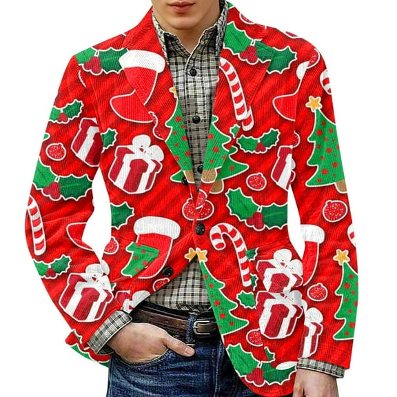 Zimjoy Christmas Blazer for Men One Button Ugly Xmas Print Suits Slim Fit Vintage Corduroy Suit Jackets Holiday Party Sport Coats Business Office Work Blazers Jackets, Red L