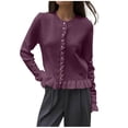 thumbnail image 5 of XUNKUSGA Women Crew Neck Ruffle Trim Knit Cardigan Fashion Pearl Button Front Long Sleeve Cropped Cardigan Sweaters for Women Soft Stretchy Cardigan for Women Wine Free Size, 5 of 7