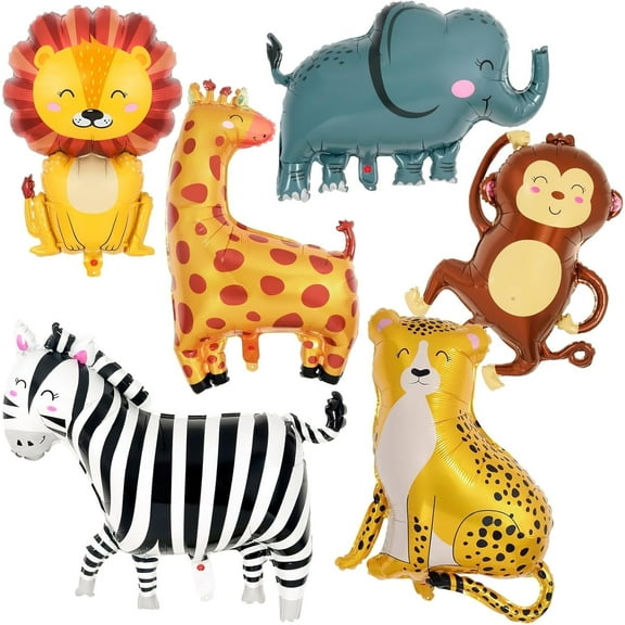 6 Pcs Safari Animals Foil Balloons - Giant Zoo Animal Shaped Zebra, Elephant, Monkey, Lion, Giraffe, Leopard for Wildlife Theme Birthday Party Decorations