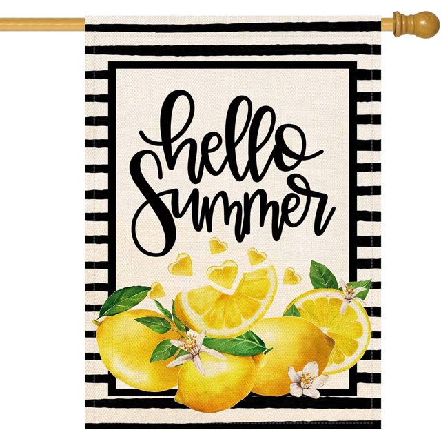 Bandera de limón de verano de doble cara con rayas negras, sandía, fruta fresca de verano, bandera grande para patio, decoración de temporada, vacaciones y exteriores.