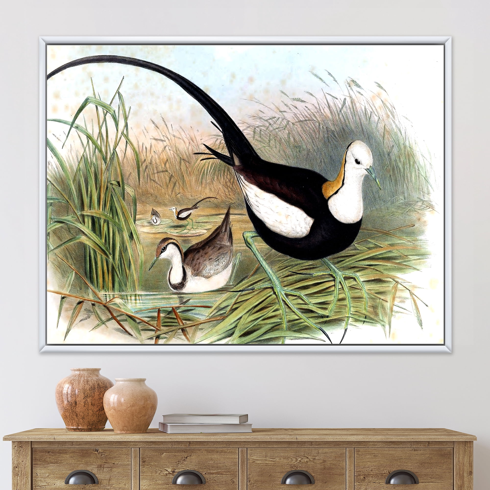 Vintage Countryside Birds In Lake 40" x 30" Framed Painting Canvas Art Print, by Designart