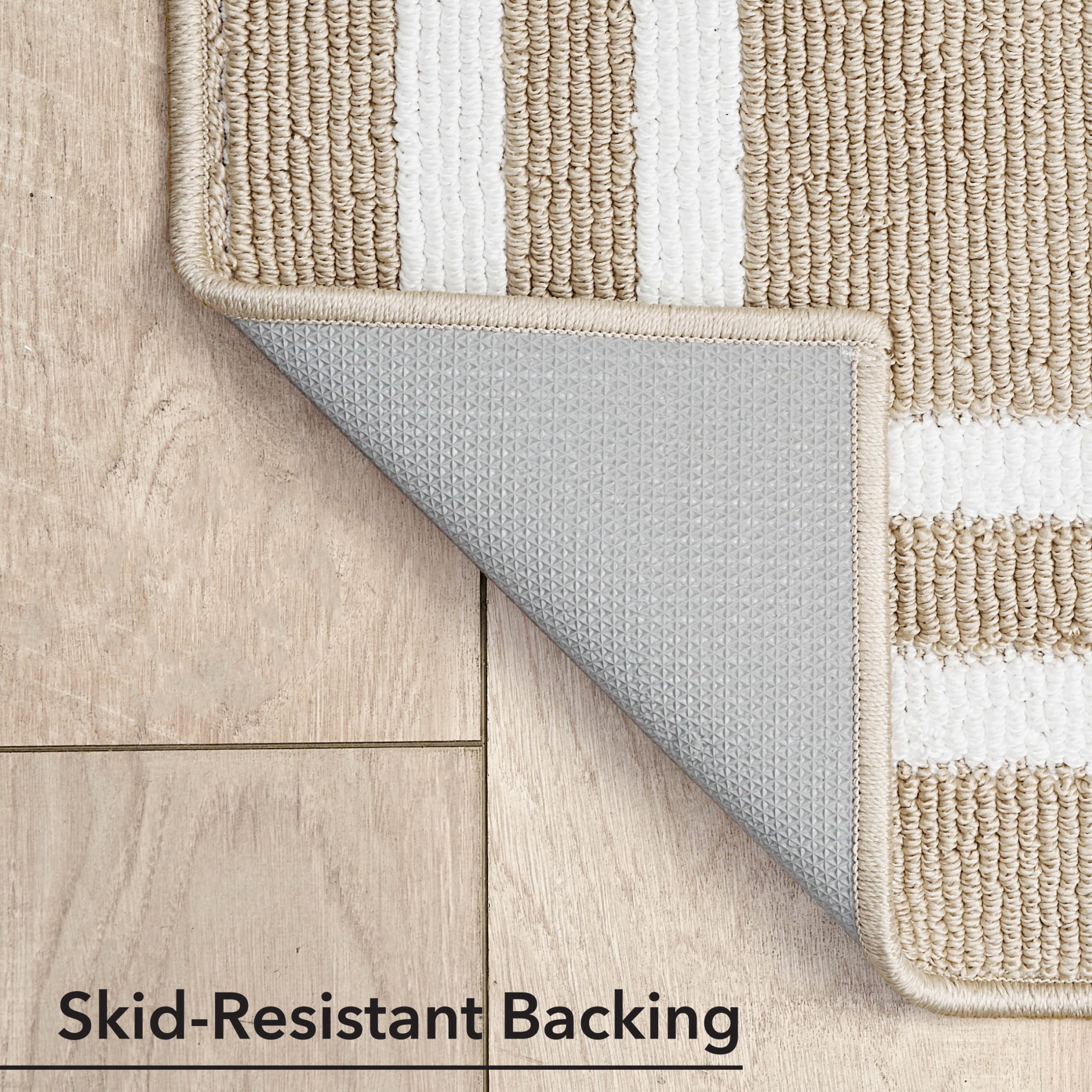 Washable Skid-Resistant Runner Rug, Border, Beige and White, 26" x 45" and 26" x 60" 2-Piece Set
