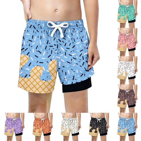 JAJAHO Swim Trunks For Boys Beach Shorts With Liner Summer Ice Cream Printed Casual Drawstring Boy Bathing Suit Bottoms 5-16Y