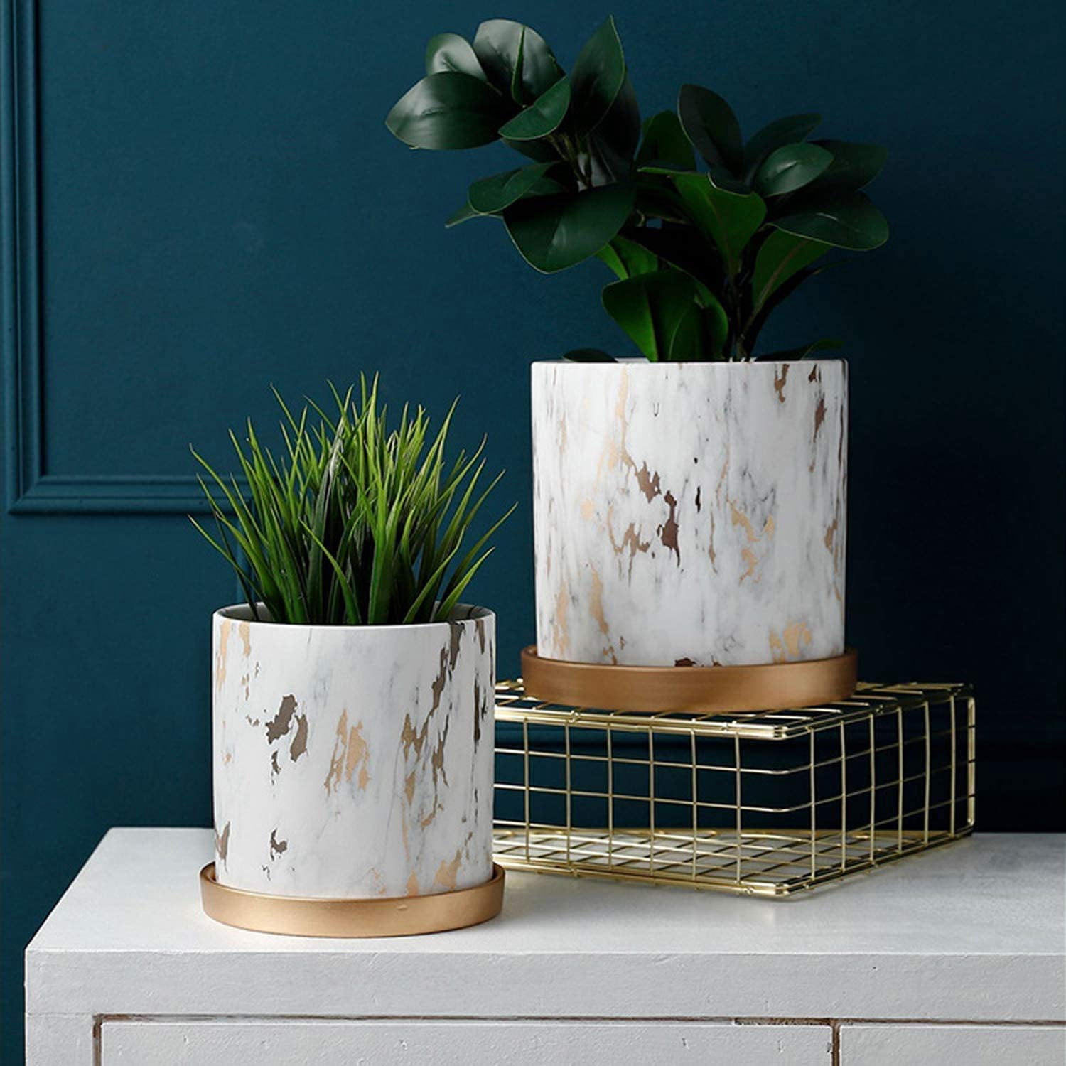 EHWINE Flower Plant Pots, 5.3 Inch +4.2 Inch Indoor Ceramic Flower Pots Modern Marble Look Scrub Pots with Drainage Hole and Ceramic Tray for Flowers/Plants/Succulents