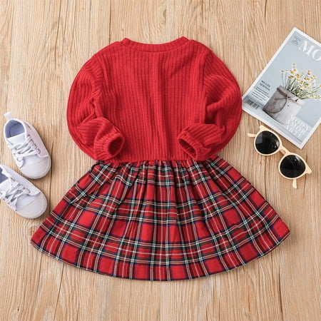 

NECHOLOGY Toddler Kids Baby Girls Ribbed Long Sleeve Dress With Bowknot Patchwork Plaid Girl Dresses 2t Thanksgiving Outfit Girl Dress Red 18-24 Months