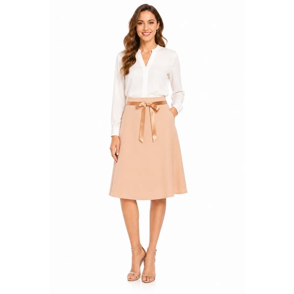 Women's Elegant High Waist A-Line Midi Skirt with Bow Tie Detail