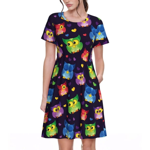 Disketp Owls And Hearts para Vestido de Manga Corta para Mujeres, Vestidos de Verano para Mujeres, Casual y Holgado para la Playa