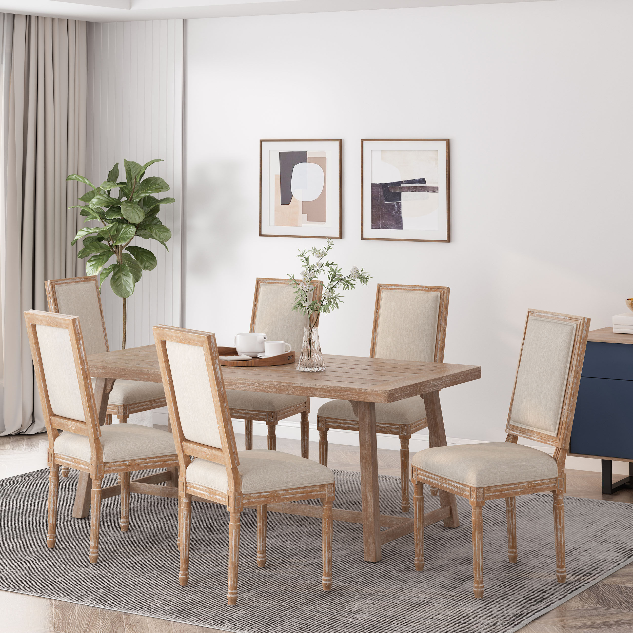 Noble House Robin Indoor Wood Upholstered Dining Chair, Set of 6, Beige, Natural