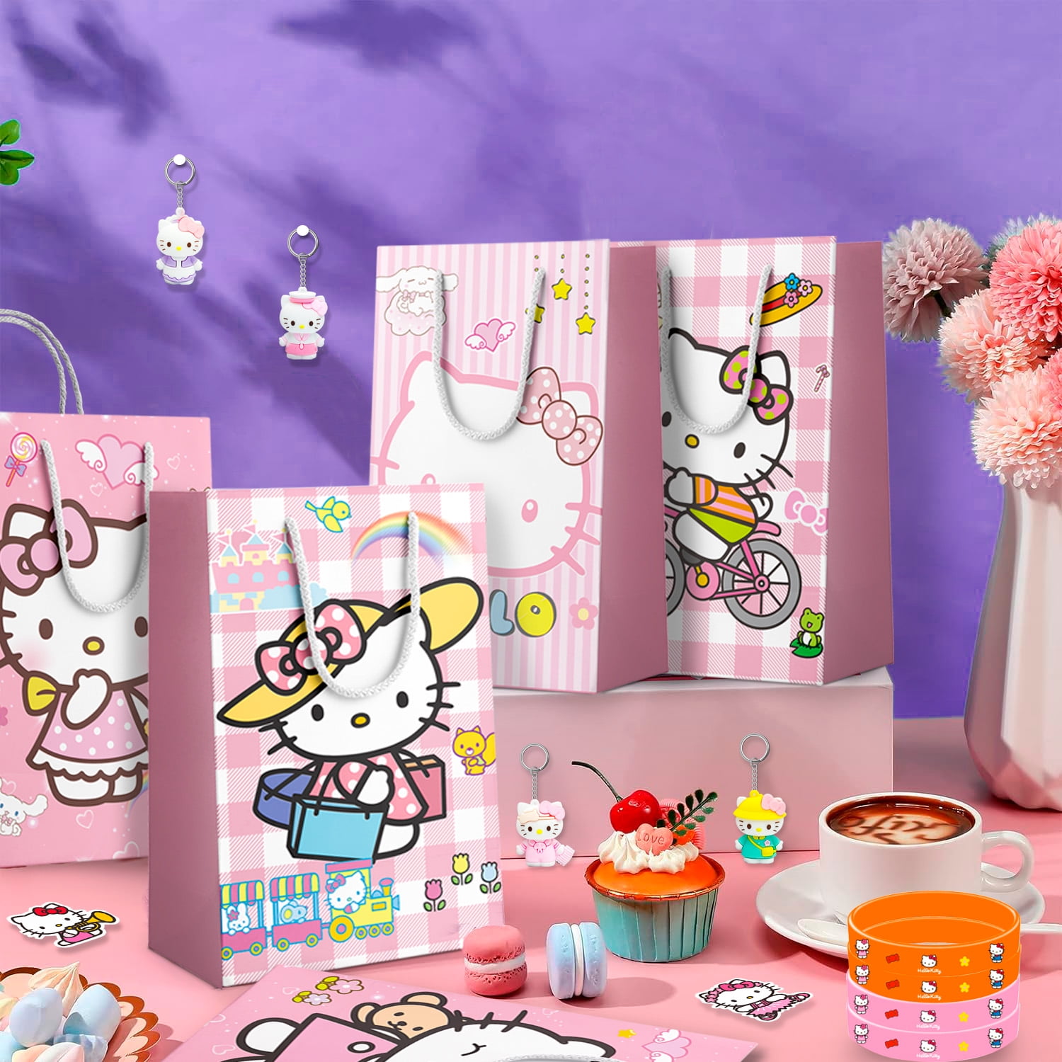 Hello Kitty Party Favors, 110 pcs All-in-One Hello Kitty Birthday Party Favors Set, Including Hello Kitty Party Favor Bags, Stickers, Bracelets Other Hello Kitty Party Favors for Party Supplies