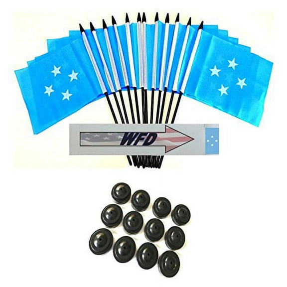 Pack of 12 4"x6" Micronesia Polyester Miniature Office Desk & Little Table Flags, 1 Dozen 4"x 6" Micronesian Small Mini Handheld Waving Stick Flags with 12 Flag Bases (Flags with Stands)