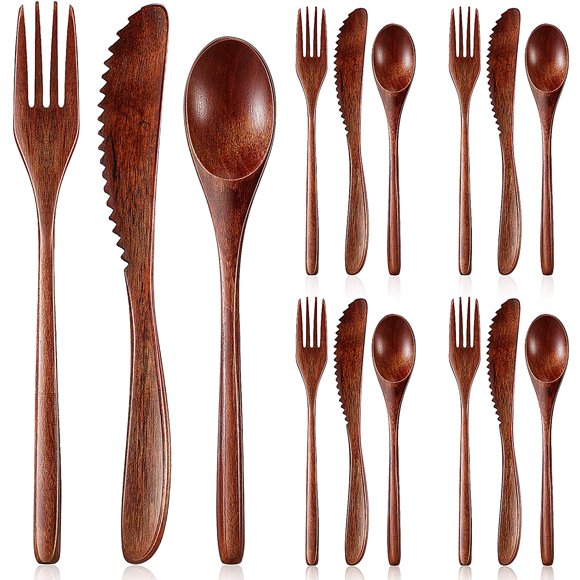 Juego Cubiertos Madera 12 Piezas Cuchara Tenedor Cuchillo 9 Pulgadas Cocina Camping