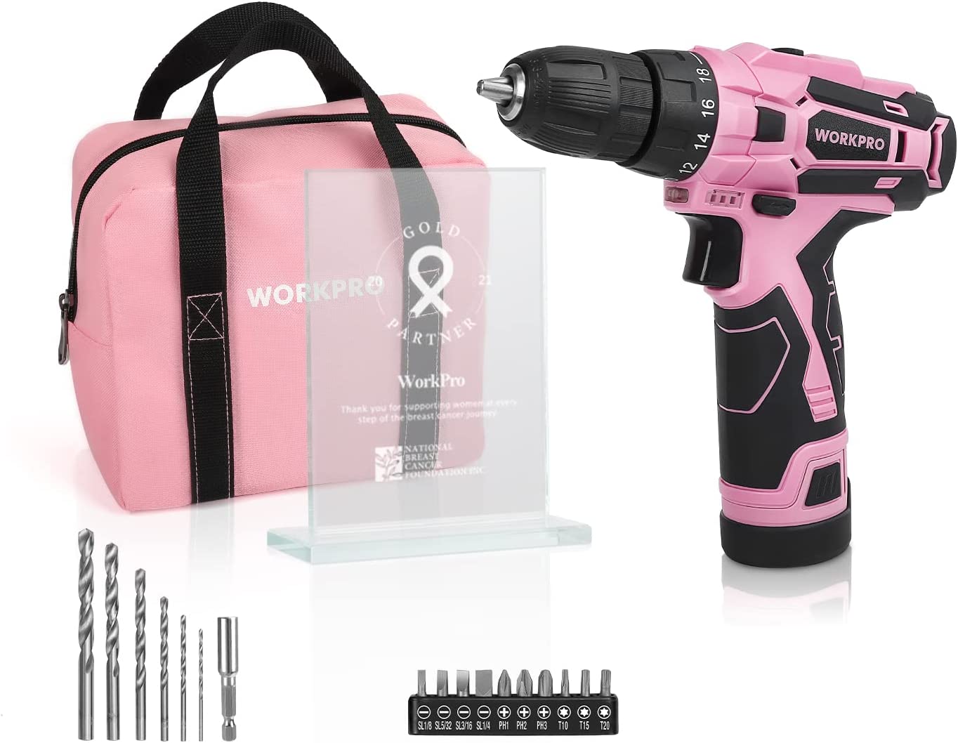 WORKPRO 12V Pink Cordless Drill Driver Set for Women photo 2