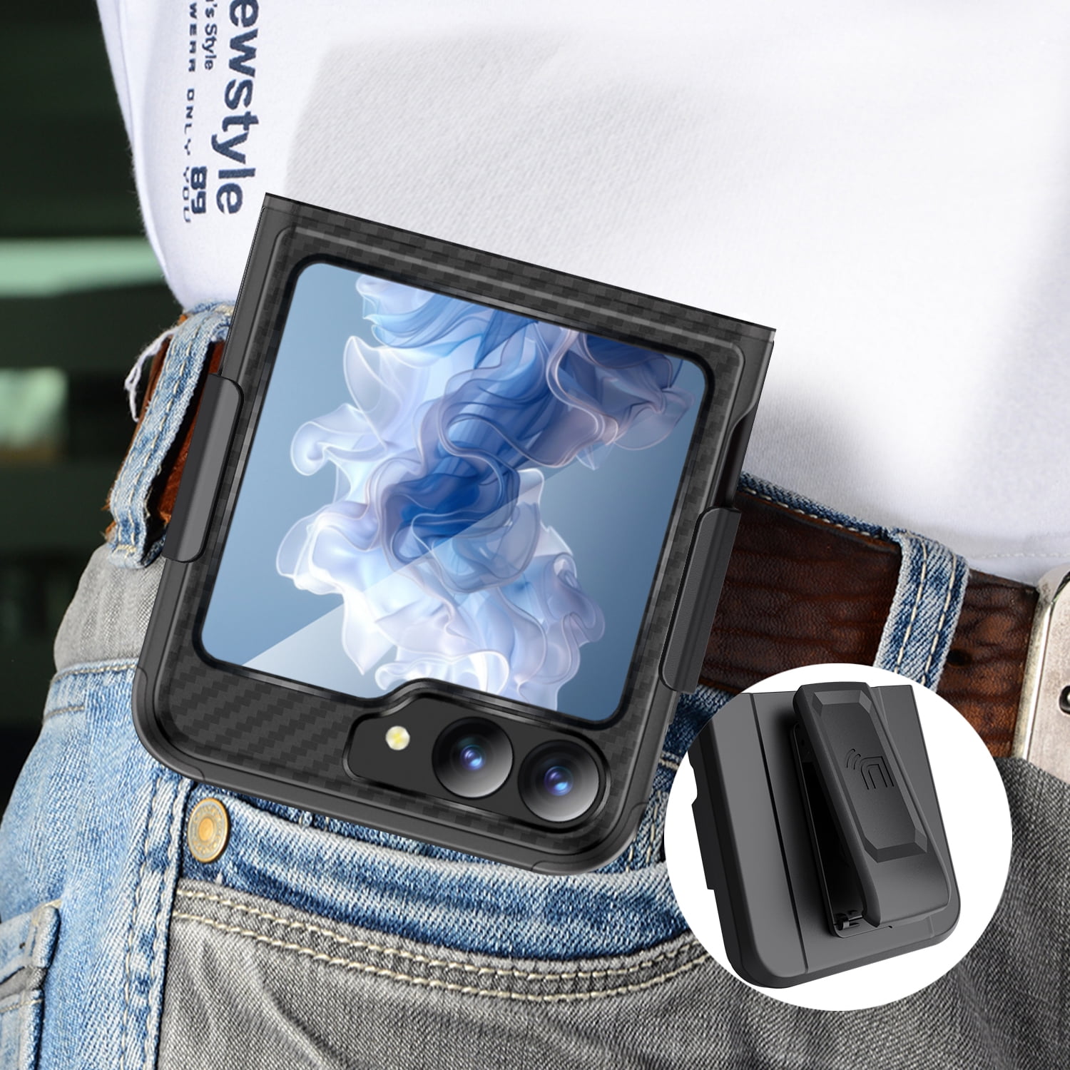 Rizz Case and Belt Clip Combo for Samsung Galaxy Z Flip 6 Phone, Nakedcellphone Rugged Hybrid Cover [with Hidden Hinge Panel Protection] and Holster Holder for Z Flip6  - Black Carbon Fiber Design