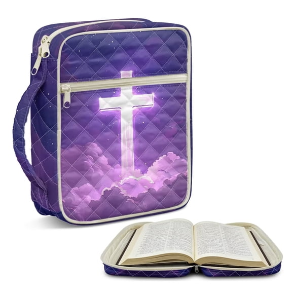 FOR U DESIGNS Cross Purple Pattern Bible Cover Case Quilted Bible Carrying Case Multifunctional Church Bag Bible Protective Bible Carrier Tote Bag Christian Gifts