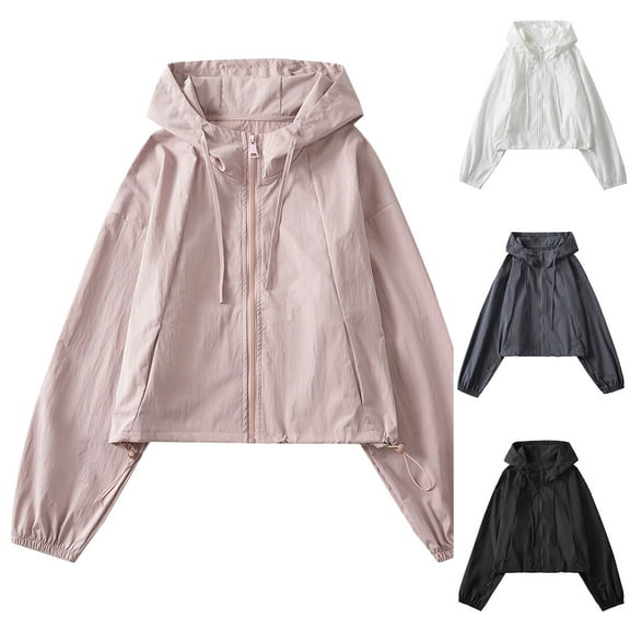 Lovskoo Women's Casual Outdoor Windbreaker Jacket Pocket Solid Color Drawstring Hem Sun Protection Work Clothes Hooded Jacket Black