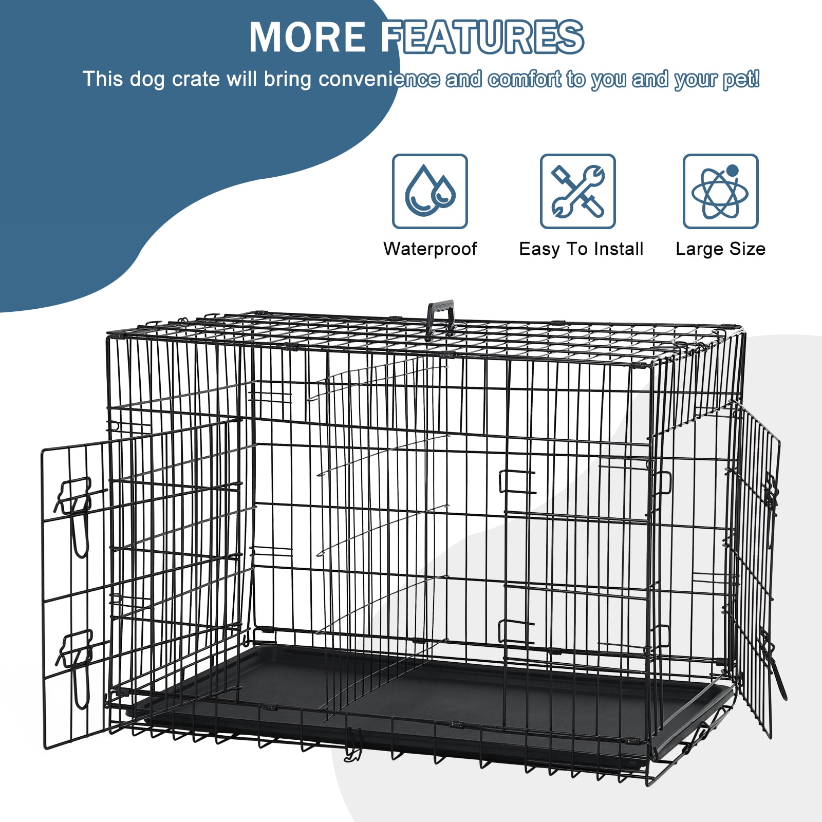 YRLLENSDAN 42 inch Foldable Large Dog Crate for Large Dogs, Metal Wire Dog Cage with Plastic Tray and Handle Double-Door Outdoor Dog Crates and Kennels for Medium dogs, Black