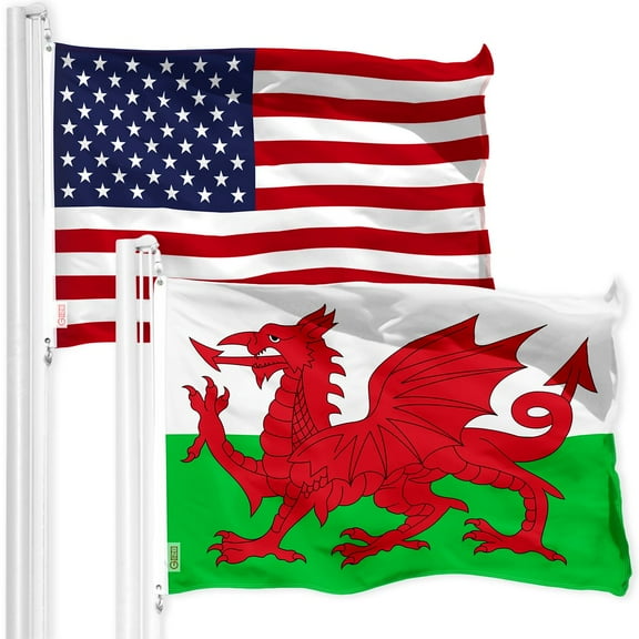 G128 Combo Pack: American USA Flag 3x5 Ft & UK Wales Flag 3x5 Ft, Both Printed 150D Polyester, Indoor/Outdoor, Brass Grommets
