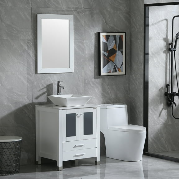 Wonline 24" Bathroom Vanity White Cabinet w/Glass Top/Mirror