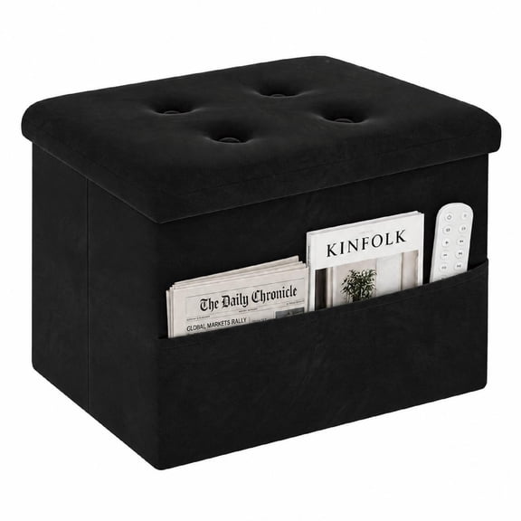 ZOES HOMEWARE Small Storage Ottoman with Storage and Side Pocket, Ottoman Velvet Footstool, Foldable & Collapsible, 16"x12"x12" Black