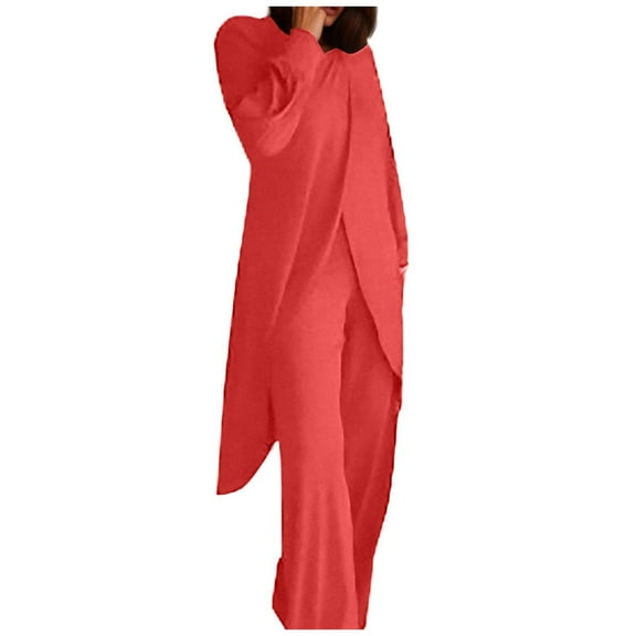 Fiaer,Oversized Irregular Hem Lounge Wear Sets for Women,2 Piece Sets for Crew Neck Long T Shirts and Palazzo Pants,Womens Loose Fit Casual Trendy Solid Outfits Set Red XL