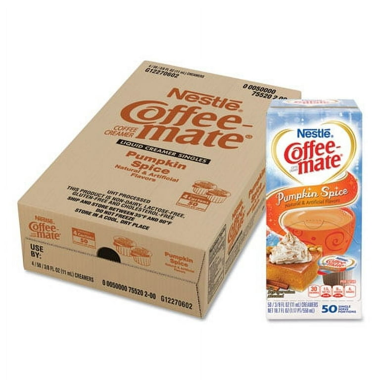 Liquid Coffee Creamer, Pumpkin Spice, 0.38 oz Mini Cups, 50/Box, 4 Boxes/Carton, 200 Total/Carton Liquid Coffee Creamer, Pumpkin Spice, 0.38 oz Mini Cups, 50/Box, 4 Boxes/Carton, 200 Total/Carton