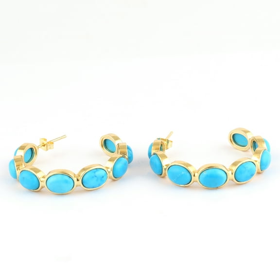 Zeva Jewels Natural Turquoise Hoop Earrings – 18K Gold Plated Brass Oval Gemstone Hoop Studs, Handmade Women’s Jewelry, Wedding & Gift Earrings
