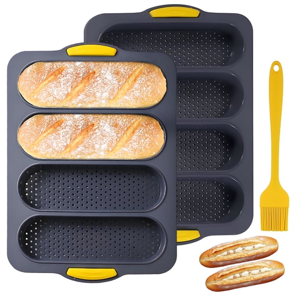 VEGCOO 2-Pack Silicone French Bread Pan, 4-Cavity Nonstick Baguette Baking Mold with Heat-Resistant Handles, Perforated Loaf Pan for Oven Dishwasher (Gray), Includes Silicone Oil Brush